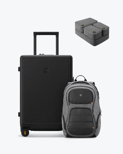 backpack and carry on black luggage set